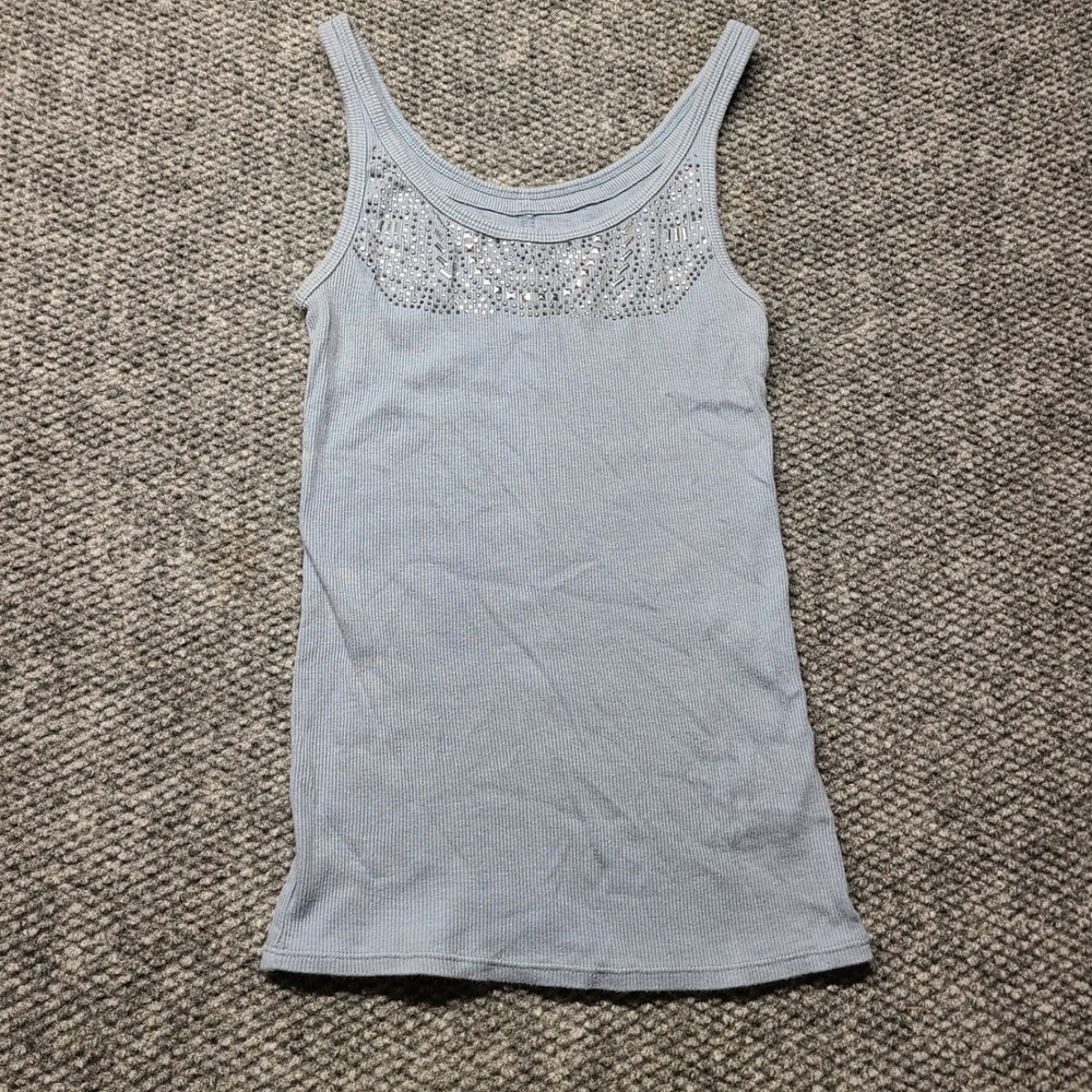Y2K New York & Company Blue Ribbed Embellished Tank XS Studded Rhinestone Scoop
